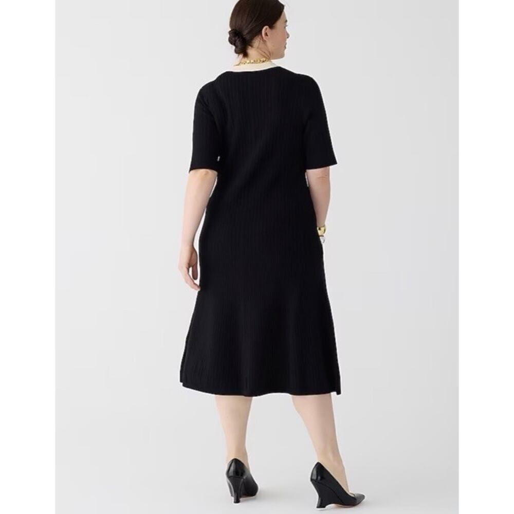 NWT J.Crew Ribbed Knit Dress Black Cream Trim Button Front Midi Size Large - Picture 2 of 12